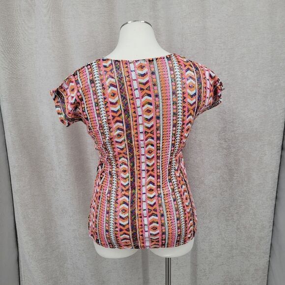 Sequin Mesh Vneck Top Shirt Colorful Pink Orange White Aztec Geometric - Picture 8 of 11